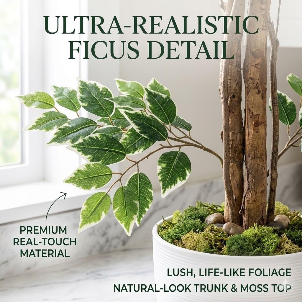 Artificial Ficus Plant Natural Wood Trunk & White-Edged Leaves with Pot