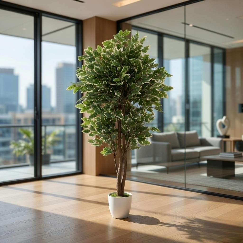 Artificial Ficus Plant Natural Wood Trunk & White-Edged Leaves with Pot