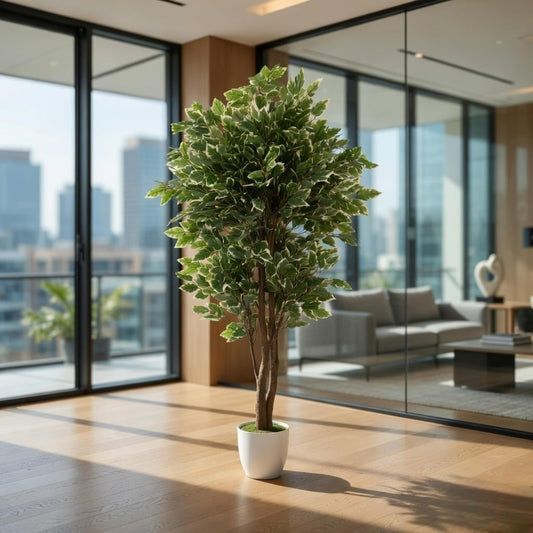 Artificial Ficus Plant Natural Wood Trunk & White-Edged Leaves with Pot