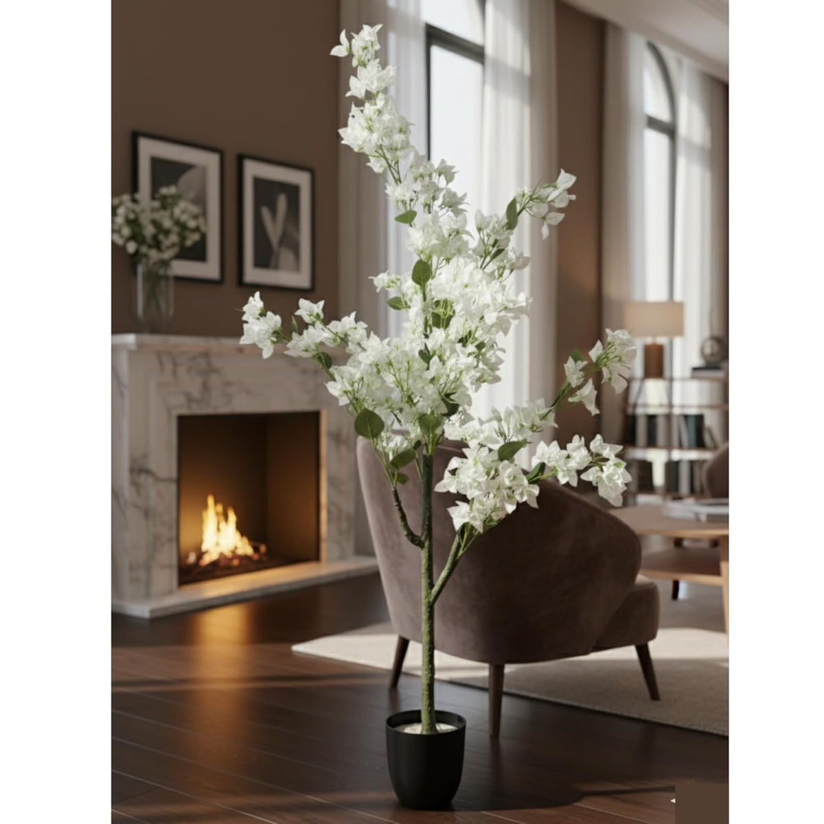 Artificial Cherry Bougainvillea Plant Realistic Faux Flowering Tree with Pot (White)