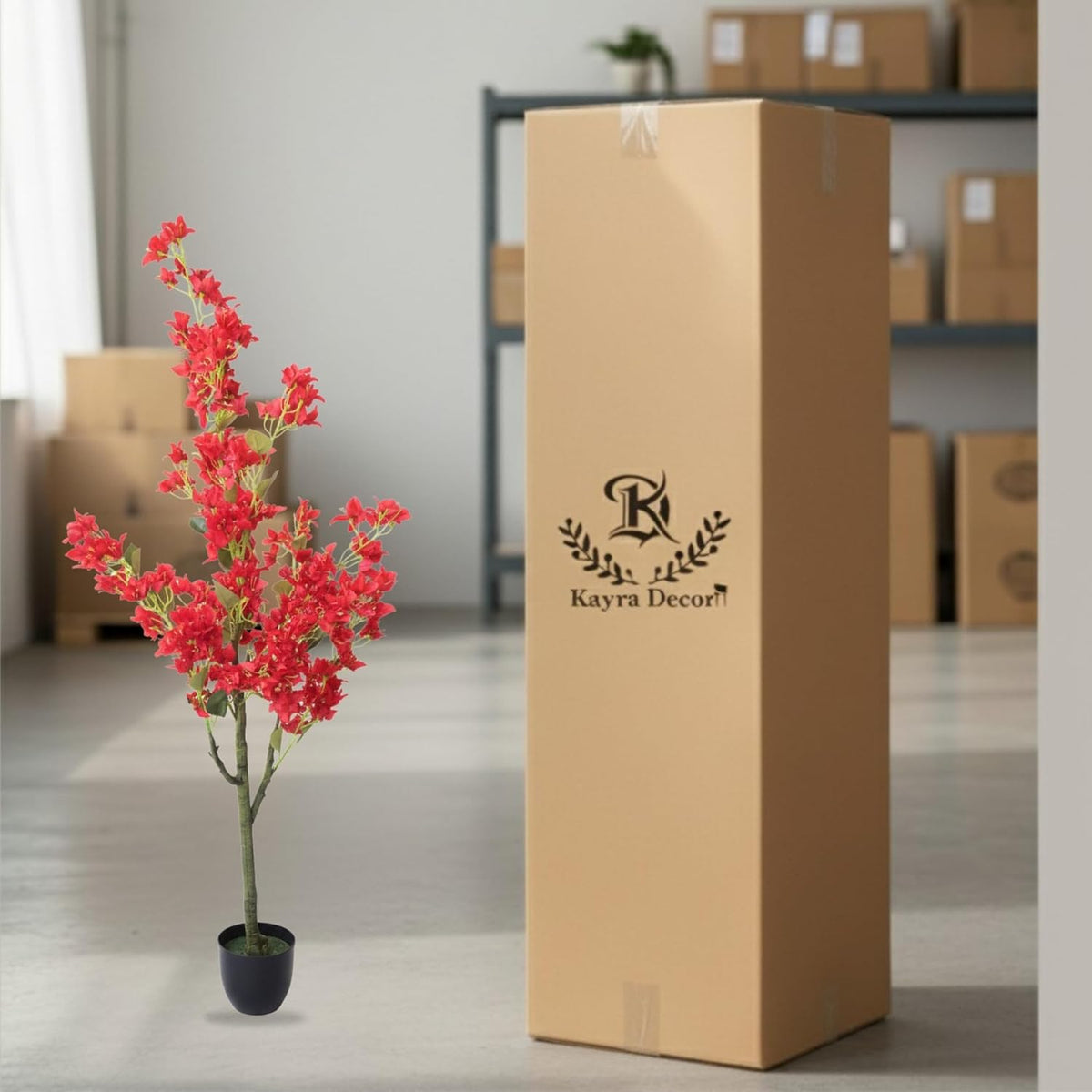 Artificial Cherry Bougainvillea Plant Realistic Faux Flowering Tree with Pot (Red)