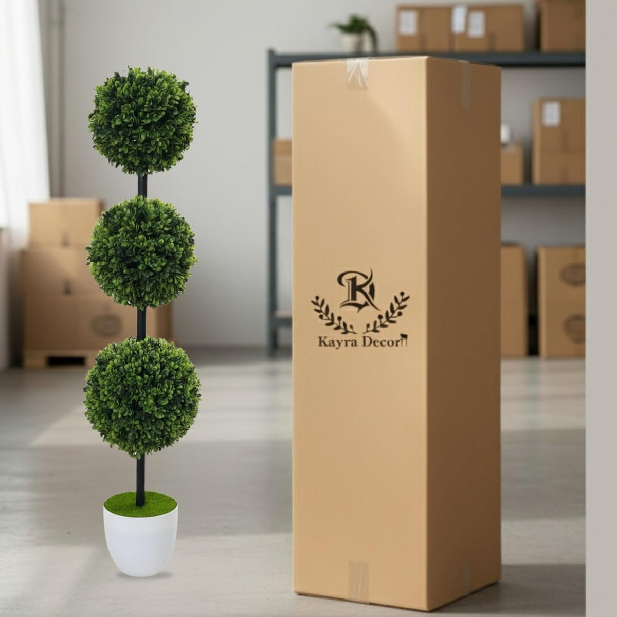 Artificial Topiary Plant - Triple Ball Boxwood Tree with Pot