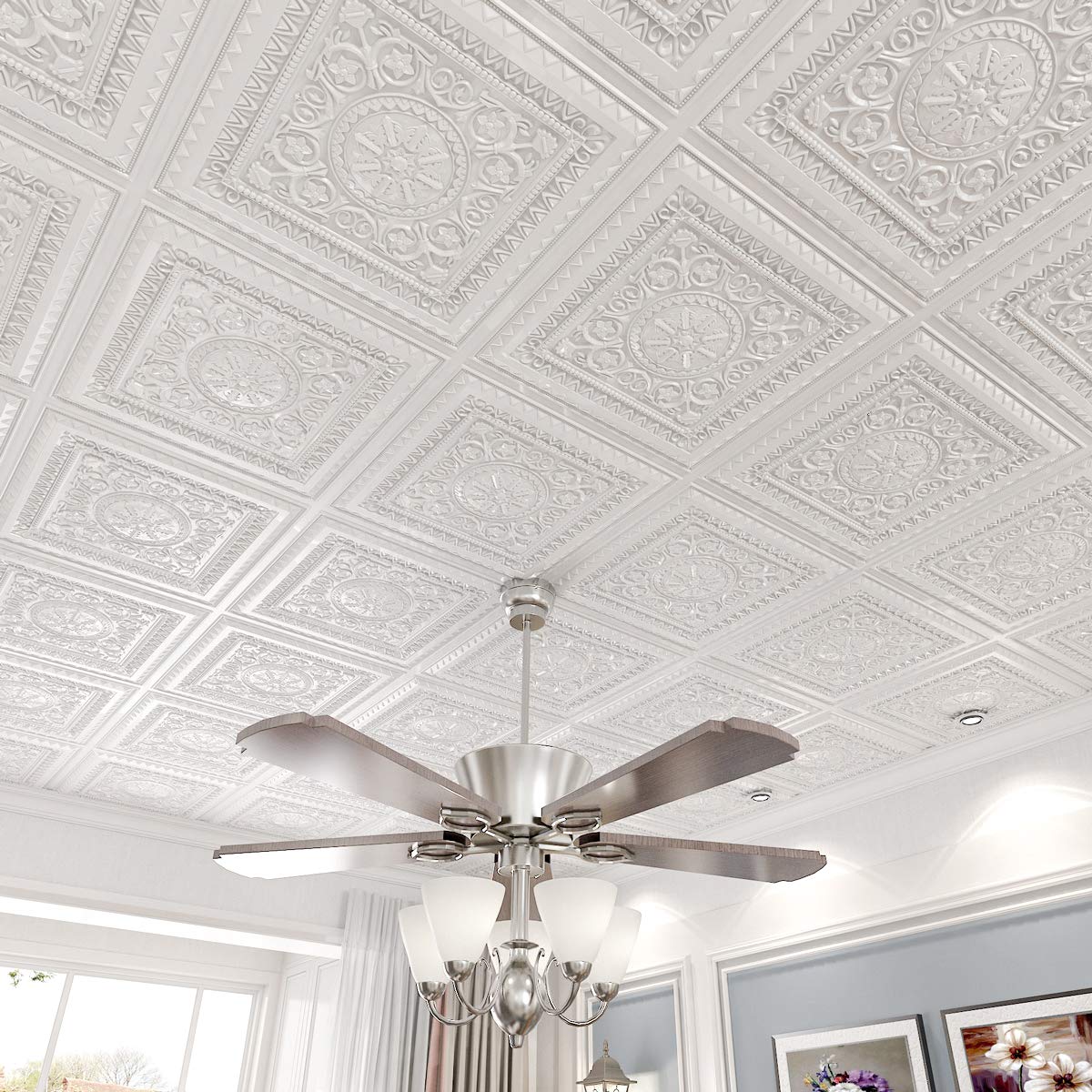 Modern PVC False Ceiling - 60x60 cm Floral Design White