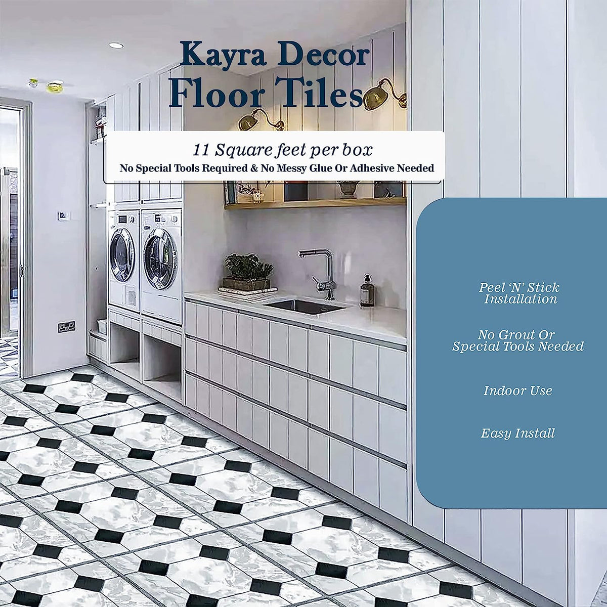 Peel and stick vinyl floor tiles 30 X 30cm (11pcs in a pack) covering 11sqft area- Black and White