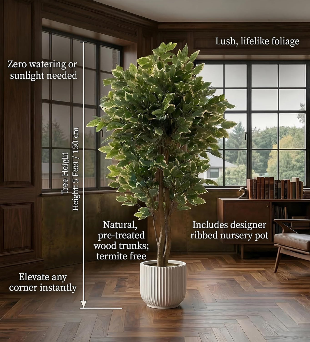 Artificial Ficus Plant Natural Wood Trunk & White-Edged Leaves with Pot
