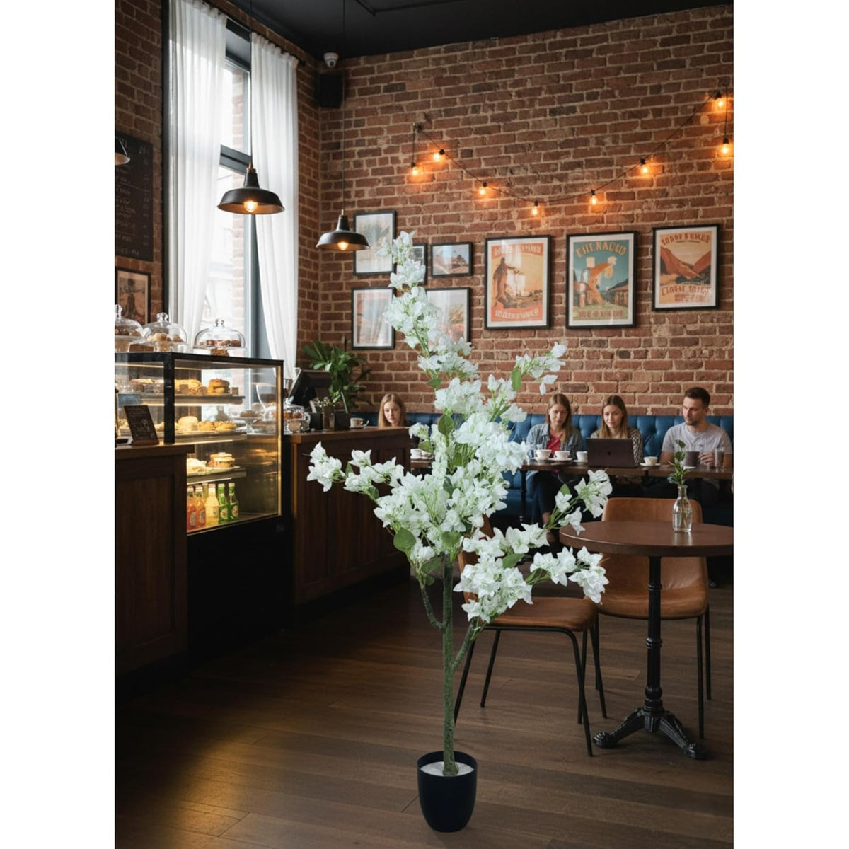 Artificial Cherry Bougainvillea Plant Realistic Faux Flowering Tree with Pot (White)
