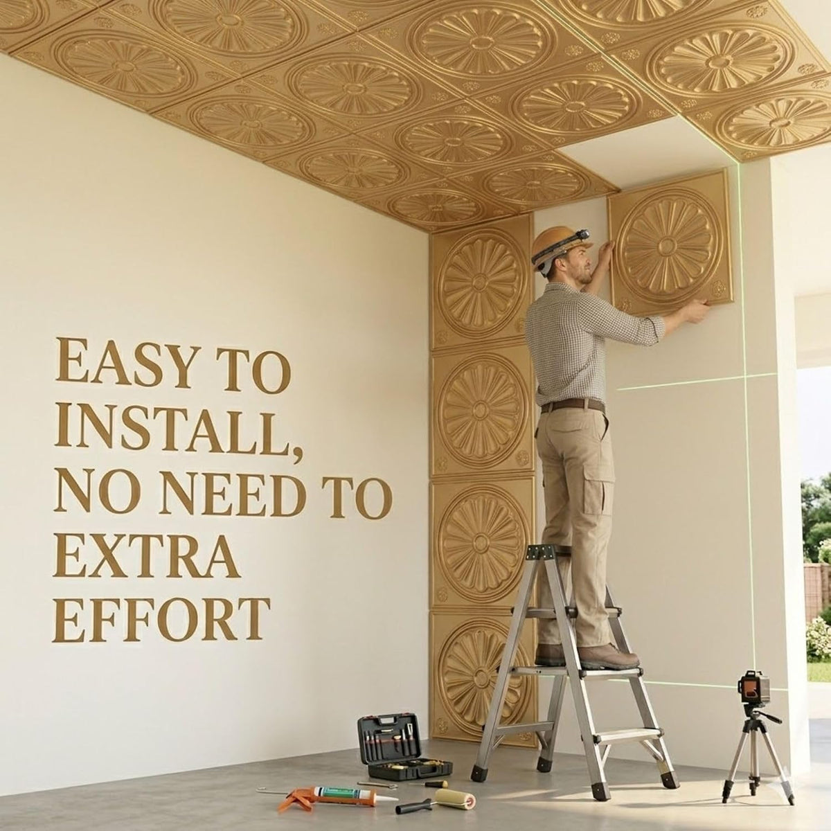 Modern PVC False Ceiling - 60x60 cm Sunburst Design Champagne Gold