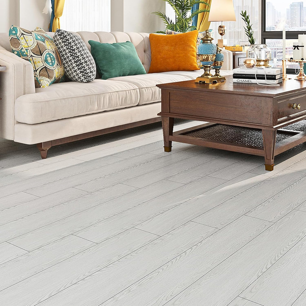Peel and stick vinyl  floor planks - 91 X 15 cm (36pcs in a pack) covering 54sqft area- Light Grey