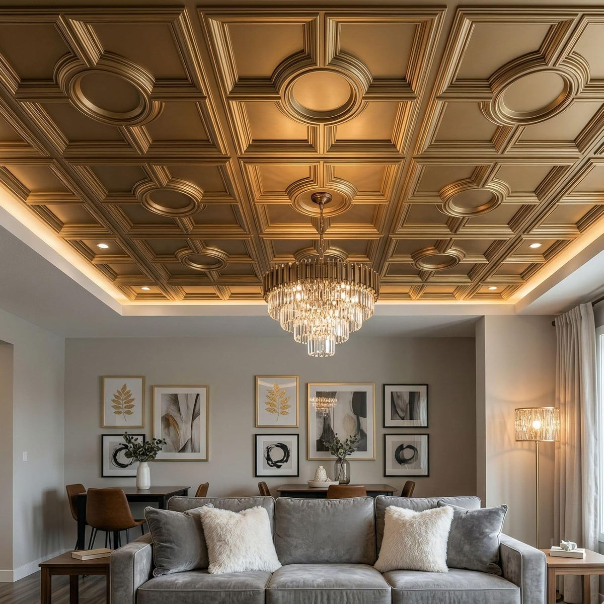 Modern PVC False Ceiling - 60x60 cm Medallion Design Champagne Gold
