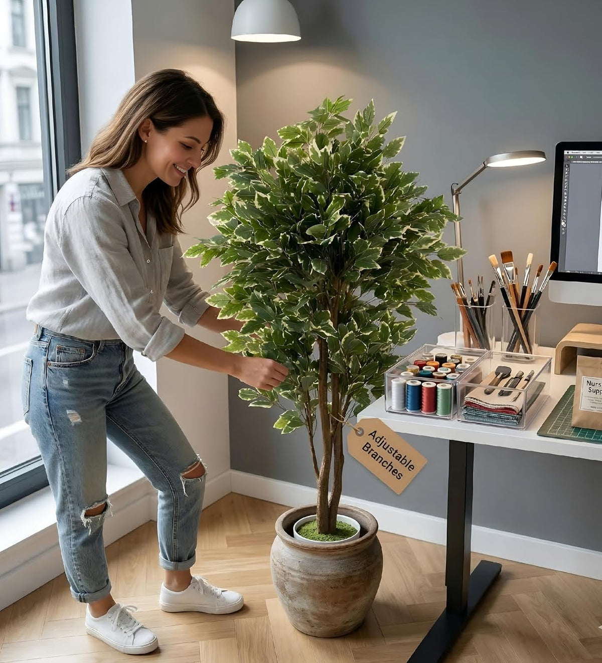 Artificial Ficus Plant Natural Wood Trunk & White-Edged Leaves with Pot