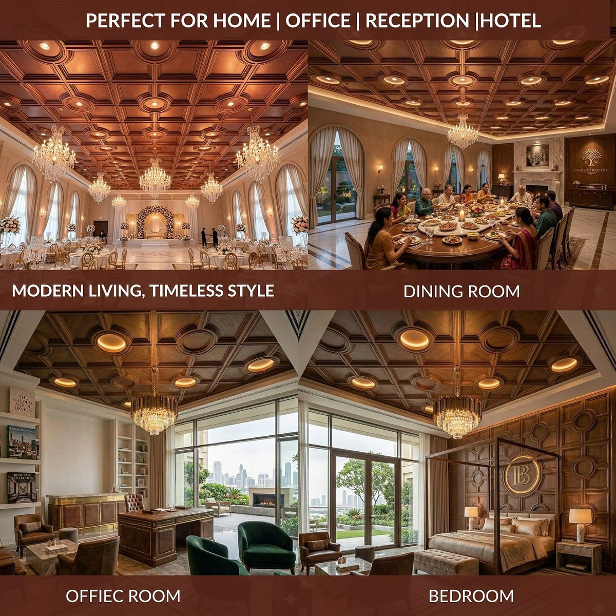 Modern PVC False Ceiling - 60x60 cm Medallion Design Red Copper