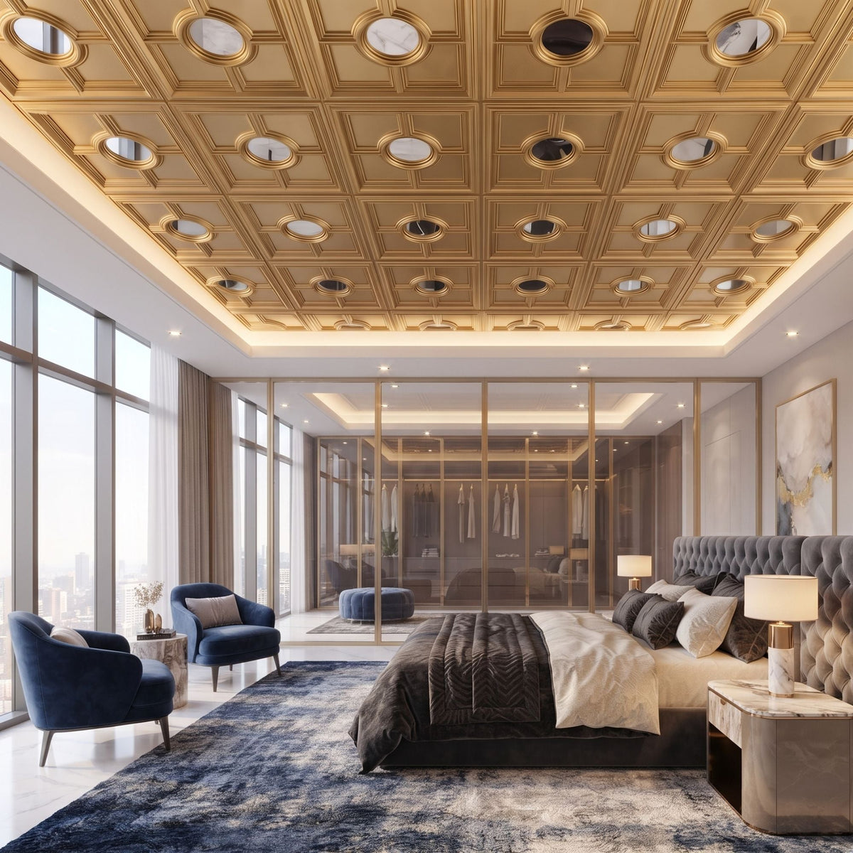 Modern PVC False Ceiling - 60x60 cm Regal Medallion Design Champagne Gold With Silver Mirror