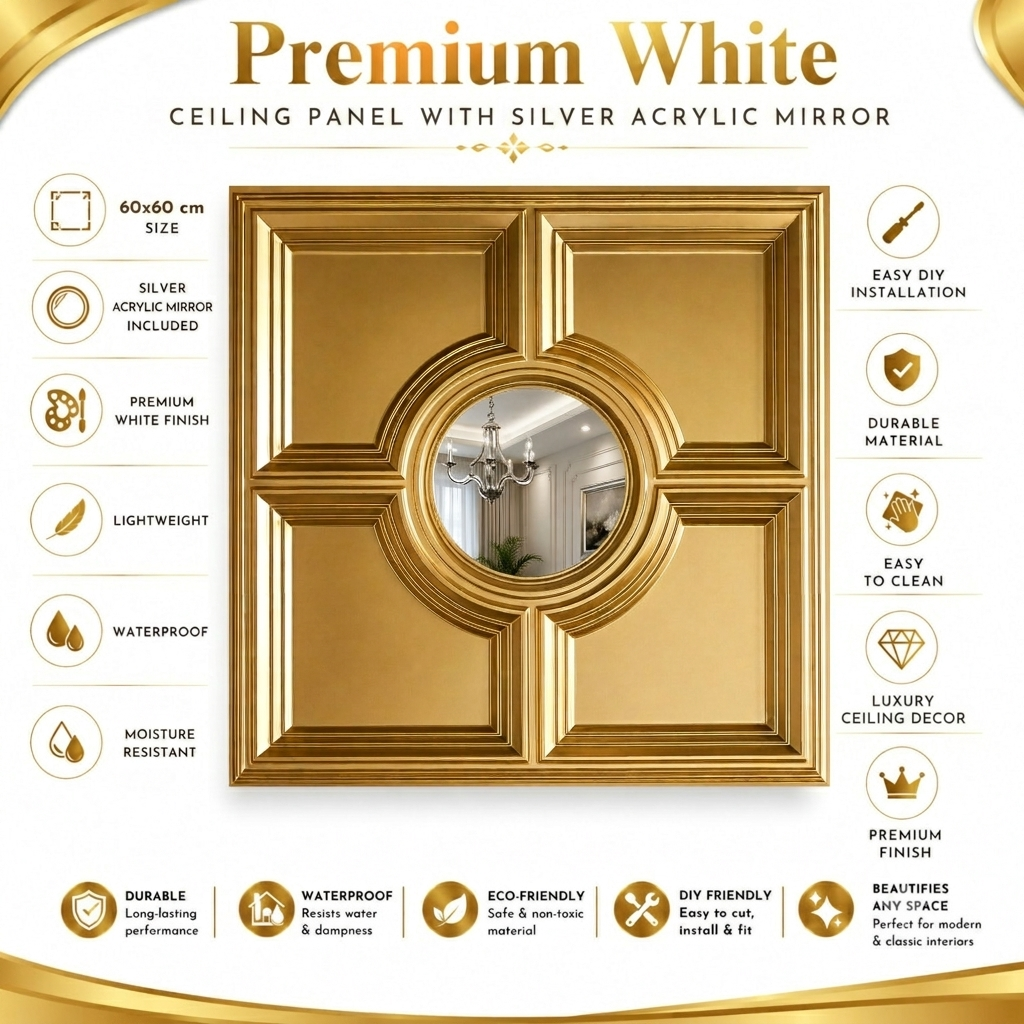 Modern PVC False Ceiling - 60x60 cm Regal Medallion Design Champagne Gold With Silver Mirror