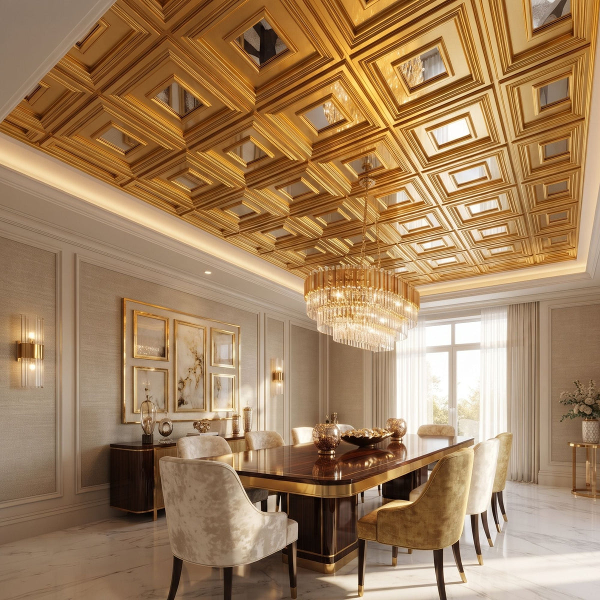 Modern PVC False Ceiling - 60x60 cm Square Design Champagne Gold With Silver Mirror