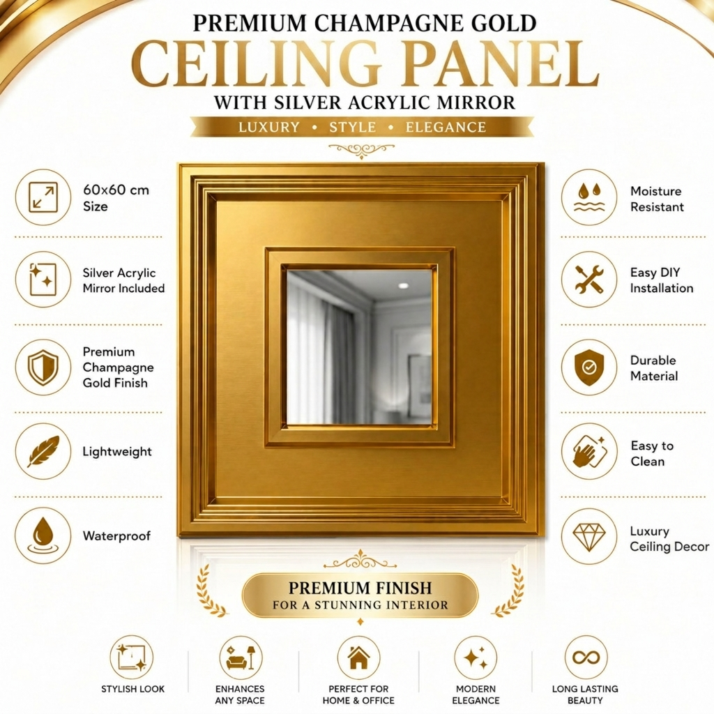 Modern PVC False Ceiling - 60x60 cm Square Design Champagne Gold With Silver Mirror