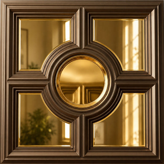 Modern PVC False Ceiling - 60x60 cm Regal Medallion Design Metallic Coffee With 5 Side Gold Mirror