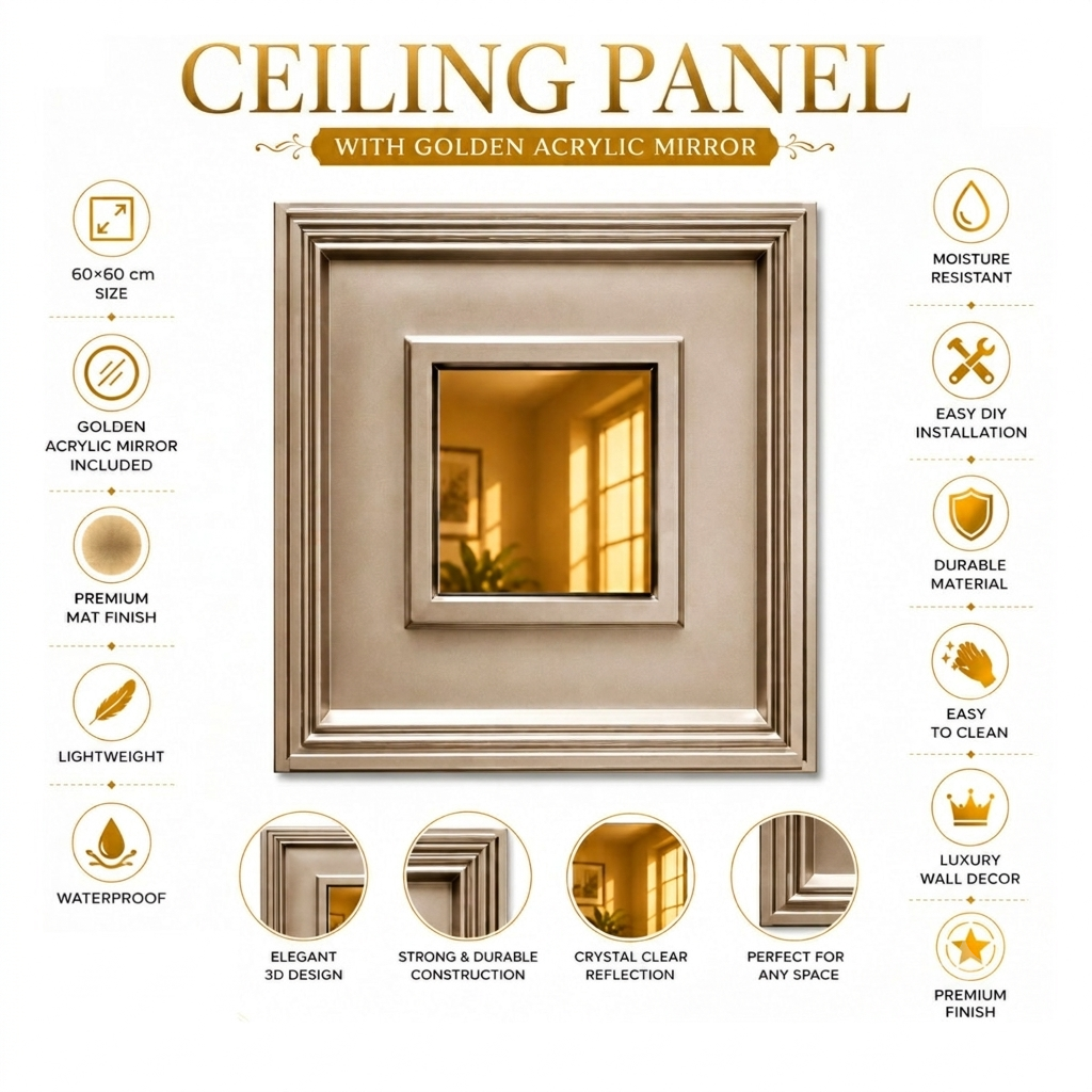Modern PVC False Ceiling - 60x60 cm Square Design Metallic Coffee With Gold Mirror