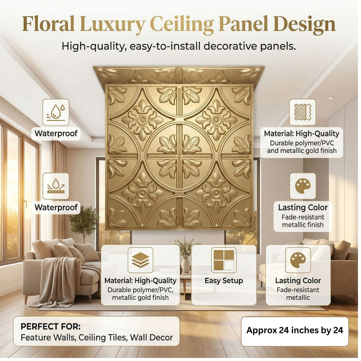 Modern PVC False Ceiling - 60x60 cm Ornamental Design Champagne Gold