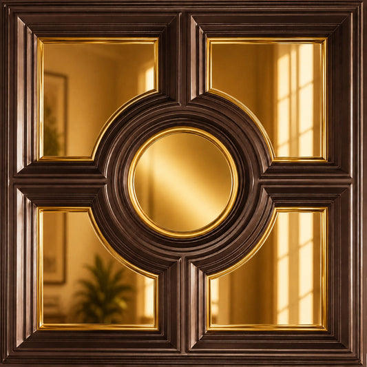 Modern PVC False Ceiling - 60x60 cm Regal Medallion Design Red Copper With 5 Side Gold Mirror
