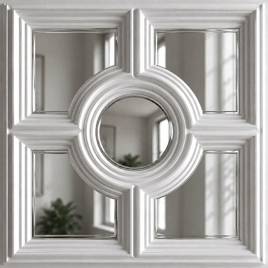 Modern PVC False Ceiling - 60x60 cm Regal Medallion Design White With 5 Side Silver Mirror
