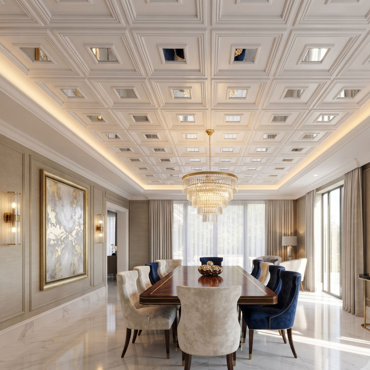 Modern PVC False Ceiling - 60x60 cm Square Design White With Silver Mirror