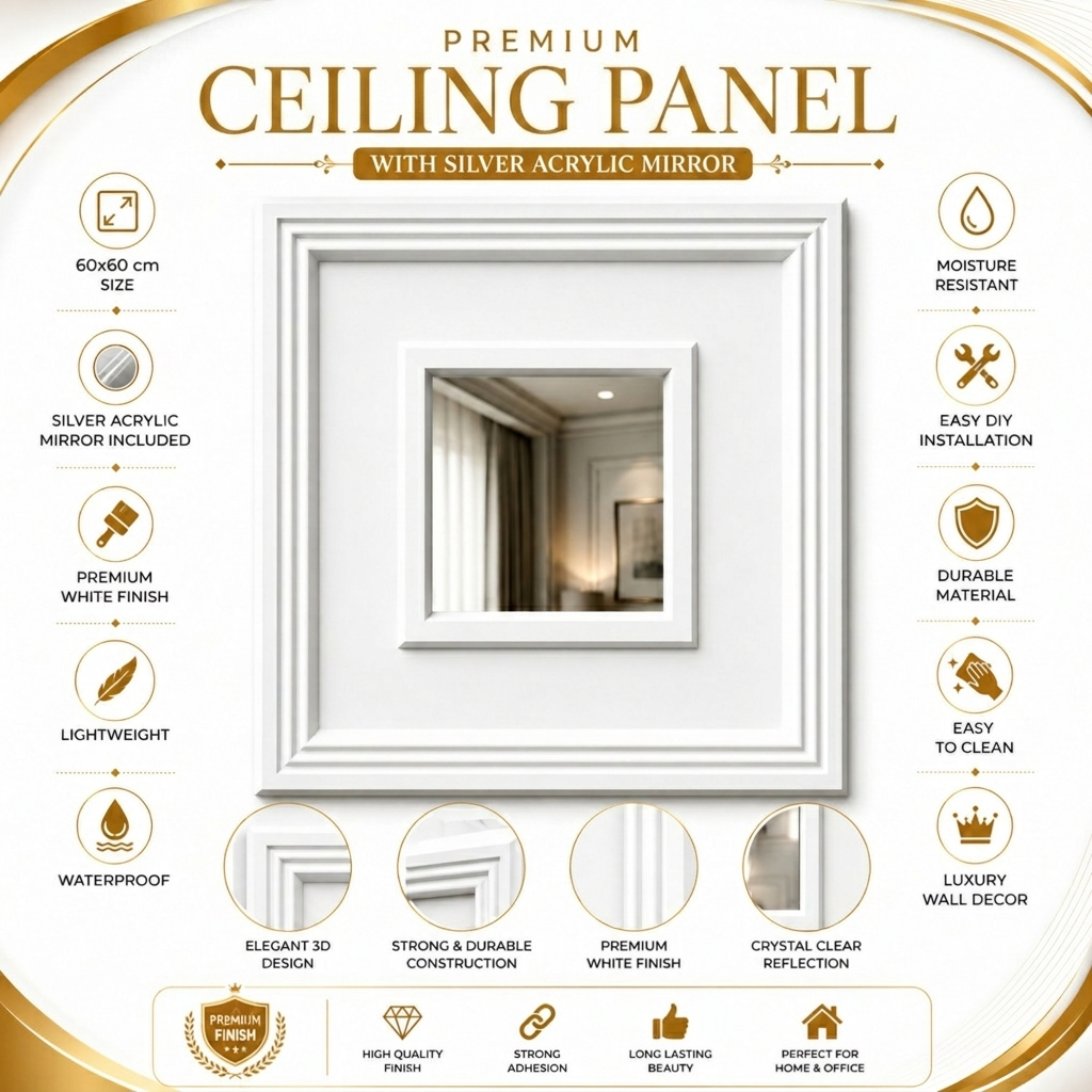 Modern PVC False Ceiling - 60x60 cm Square Design White With Silver Mirror